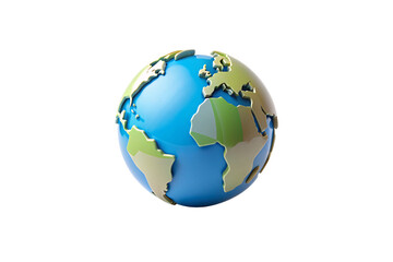 Fototapeta premium Colorful 3D Earth globe showing continents in blue oceans with green and brown landmasses realistically rendered, isolated on a transparent background