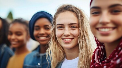 Obraz premium A diverse group of young women standing together, smiling and looking at the camera. The setting appears to be outdoors, with a blurred background of trees and buildings.