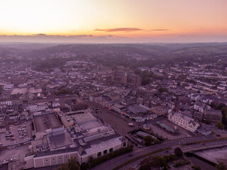 The city of truro from the air at sunset near the far river cornwall uk