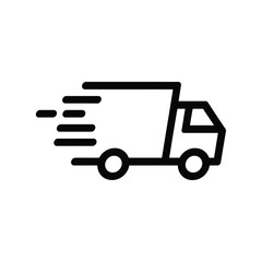 Simple black line art icon of a delivery truck moving quickly with motion lines