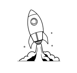 Rocket Launch: A simple line art illustration depicts a rocket blasting off, showcasing its sleek design and fiery exhaust trail against a white background.