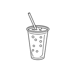 Refreshing Drink: A simple line art illustration depicts a plastic cup filled with a bubbly beverage and a straw, showcasing a minimalist and refreshing design.