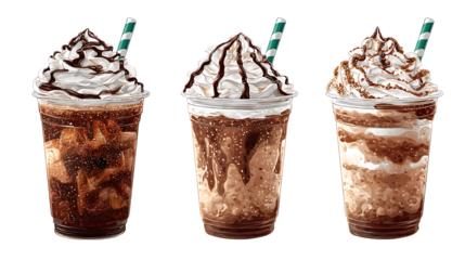 Delicious chocolate frappe drinks with whipped cream and straws for summer refreshment on transparent background