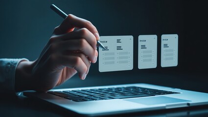Person using a stylus on a laptop to interact with digital invoices on a screen