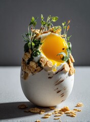 Cracked egg, yolk, granola, herbs