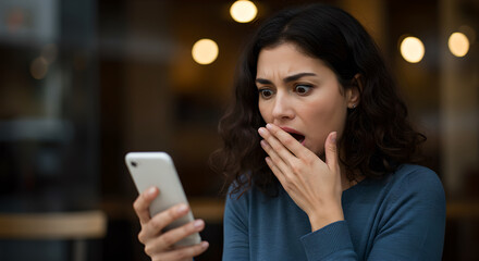 Shocked Woman Covering Mouth, Online Fraud on Smartphone