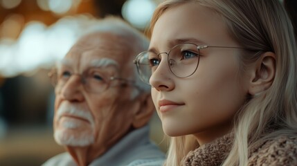 Intergenerational portrait of an old man and a young girl looking thoughtful. Ideal for themes of family, wisdom, and future.