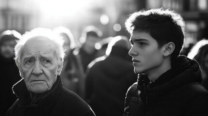 Generational divide: older man and young person, deep thoughts, stark contrast in black and white.