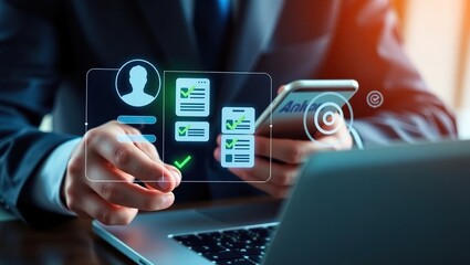 Businessman reviews verified digital profile information on a smartphone with holographic interface
