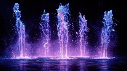 A vibrant fountain with purple and blue lights against a black background, creating a mesmerizing display of water splashes and reflections.