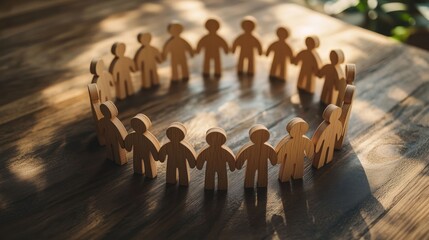 Wooden figurines of people stand in a circle on a wooden table, symbolizing unity and teamwork against a backdrop of soft light and nature.