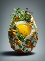 Egg cradled by herbs, vibrant yolk