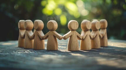 Wooden figurines of people holding hands in a circle on a wooden surface against a nature backdrop, symbolizing unity and friendship.