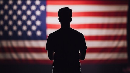 Silhouette of a person in front of the US flag, expressing patriotism.