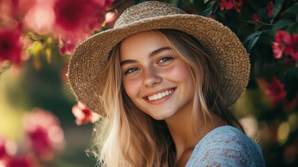 Smiling young woman in a straw hat among blooming red flowers.