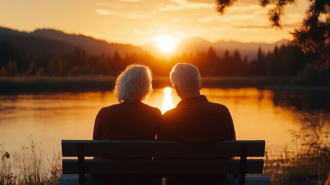 Elderly couple sitting on a bench, admiring the sunset over a lake and mountains.