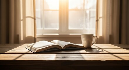 Open book and cup by window with sunlight streaming in, calm morning vibe