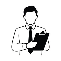 Stylized illustration of a man in a shirt and tie holding a clipboard