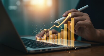 Person analyzing financial growth data on a laptop with a stylus and glowing charts