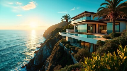 Fototapeta premium luxurious modern house with multiple levels, large glass windows, balconies and an infinity pool on a steep cliff overlooking the ocean at sunset