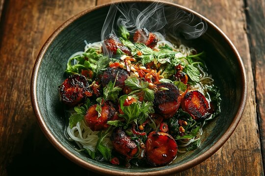 Bowl of Nan Gyi Thoke, Burmese coconut chicken salad, filled with greens, cherry tomatoes, sesame seeds. Concept of Nan Gyi Thoke showcases vibrant flavors, warm atmosphere.
