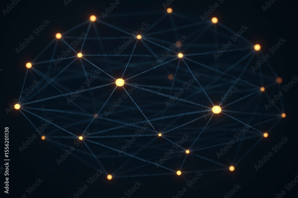 Poster glowing nodes connected by lines forming a complex network structure