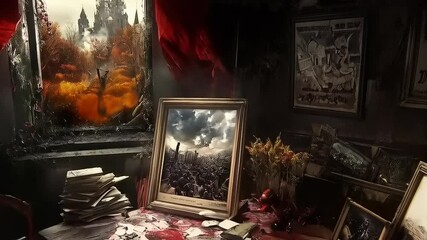 Disturbing Narrative: Gothic Room Depicting Turmoil and Confrontation Through Art