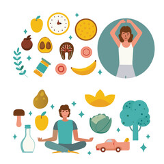 Mindful eating concept. Young woman, surrounded by tasty and healthy vegetables and fruits, sits in lotus position. Healthy daily diet and balanced lifestyle. Cartoon flat vector illustration