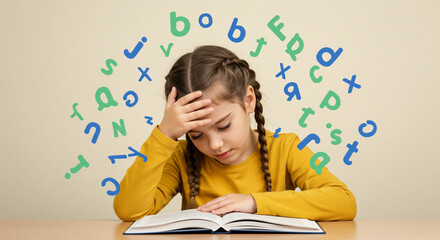 Young girl engrossed in reading surrounded by colorful letters learning is fun