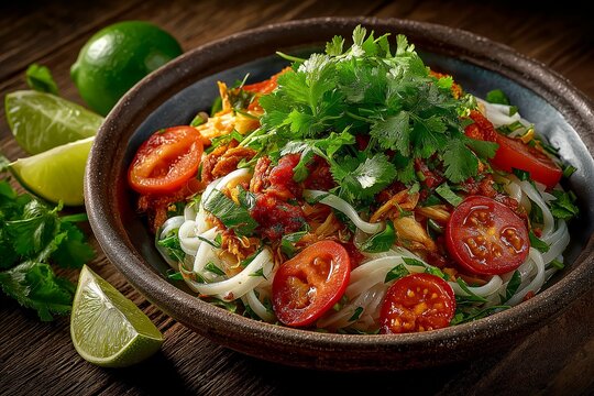 Bowl filled with vibrant Nan Gyi Thoke, Burmese coconut chicken salad, topped with cilantro and limes. Concept of fresh ingredients showcasing Nan Gyi Thoke culinary delight.