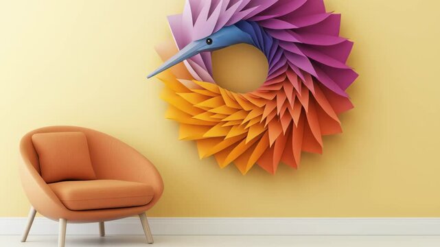 Surreal animal wall art piece in 3D cut paper style, inspired by the echidna and displayed in a minimalist modern apartment. A unique and stylish visual perfect for home d&eacute;cor retail, interior design