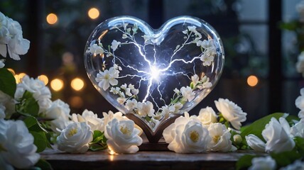 Heart-Shaped Glass Orb With Electric Glow Amid White Flowers