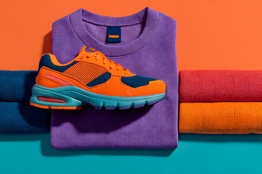 A pair of bold sneakers sits atop a colorful stack of folded garments, highlighting urban fashion and vivid designs