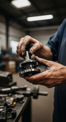 Closeup of a mechanics hands holding a complex metal part