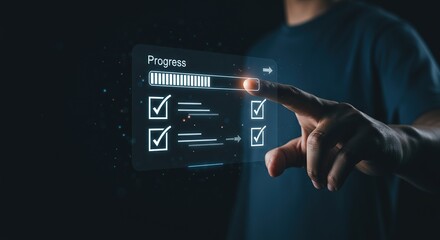 Person s finger interacting with a futuristic digital progress bar and checklist