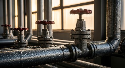 Fototapeta premium Closeup of industrial pipes and valves with water droplets