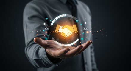 Business partnership success visualized with glowing handshake and progress indicators