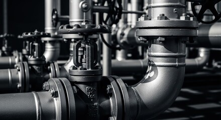 Fototapeta premium Industrial pipes and valves, a monochrome closeup shot