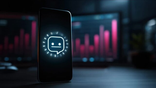 A smartphone displaying a glowing chat bot icon, showcasing modern communication and technology