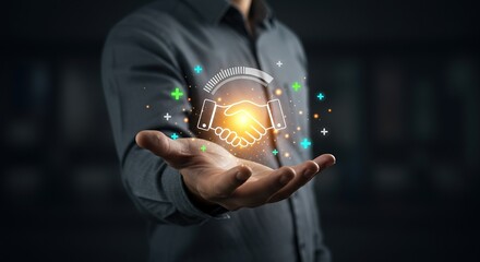 Man s outstretched hand presents a glowing handshake icon with positive symbols