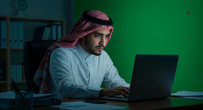 Late-Night Focus: Arab Businessman Working on Laptop