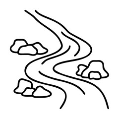 Black Line Art River with Rocks on White Background