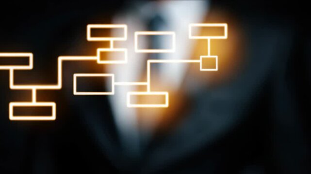 A hand is touching a flowchart diagram. The diagram appears to be interactive, and symbolizes processes, connections, and data flow