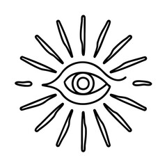 Black and white eye symbol with radiating lines on white background