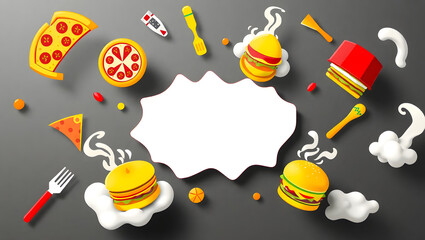 Fast food spread with empty text bubble: A playful collection of stylized fast food items surrounds an empty text bubble, perfect for custom messages or promotions.