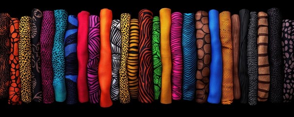 Colorful African Wax Print Fabrics Displayed in Rows Showcasing Diverse Patterns and Textures for Fashion and Craft Projects