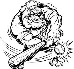 bulldog swinging a baseball bat to hit a ball, mouth open showing sharp teeth, powerful motion