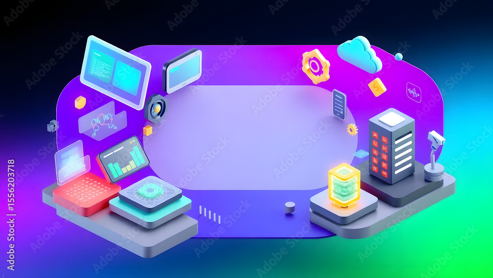 Fototapete tech presentation frame: a vibrant and futuristic frame is adorned with 3d renderings of cutting-edg