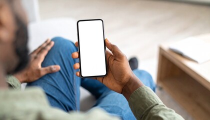 African American man holding a smartphone with a mockup white blank display, empty screen for app ads sitting on a couch at home. Mobile applications technology concept, over-the-shoulder close-up.