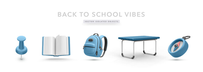 School Supplies Icons Including Push Pin, Open Book, Backpack, Desk, and Compass in Clean 3D Style. Perfect for Education, Back to School, or Student Life Projects. Vector Illustration.